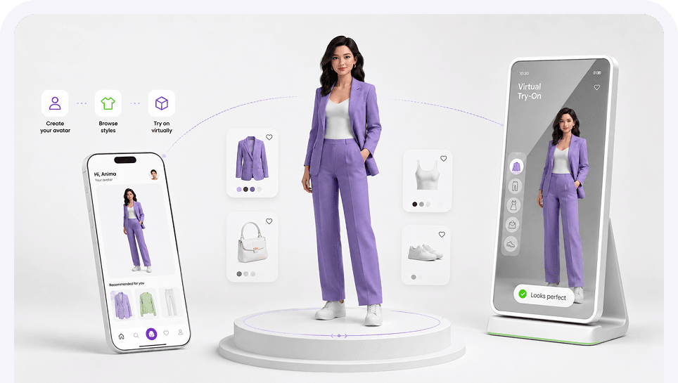 Wear.land virtual try-on platform showing 3D avatar and smart mirror experience