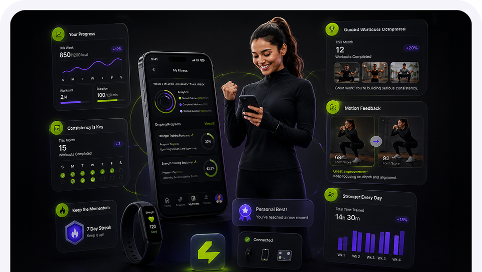 ReFit app dashboard showing trainer discovery, workout programs and fitness analytics