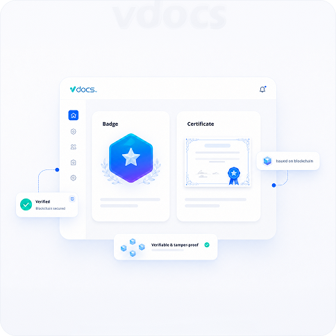 Vdocs.io trusted platform showing digital badge and certificate management interface