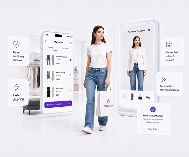Wear.land outcome showing shopper using virtual try-on with purchase confirmation